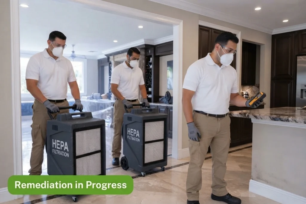 Mold remediation team using equipment during cleanup in a Gainesville FL property