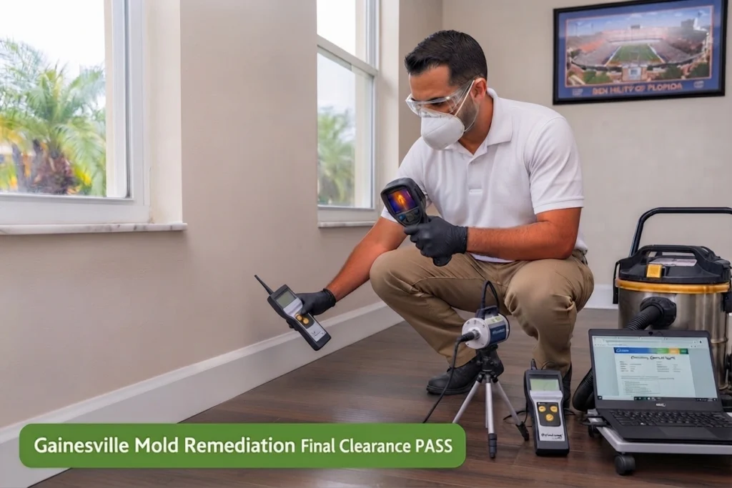 Mold remediation technician performing a final clearance test in Gainesville FL