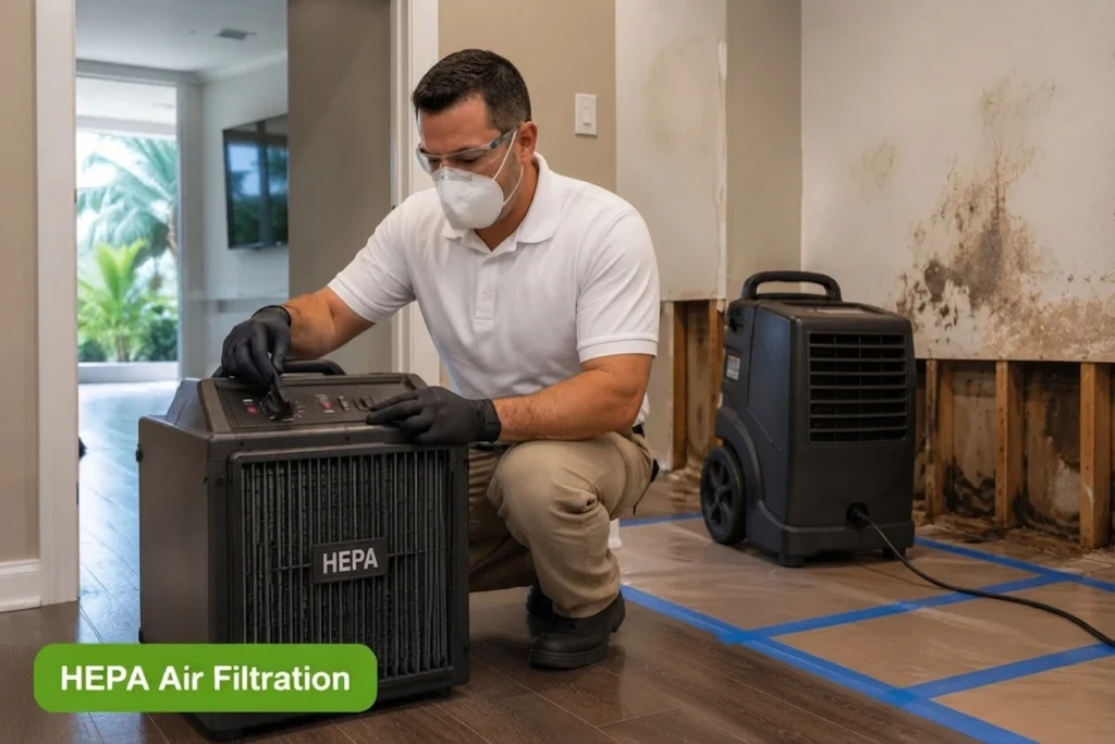 Mold remediation technician setting up HEPA air filtration equipment in a Gainesville FL property